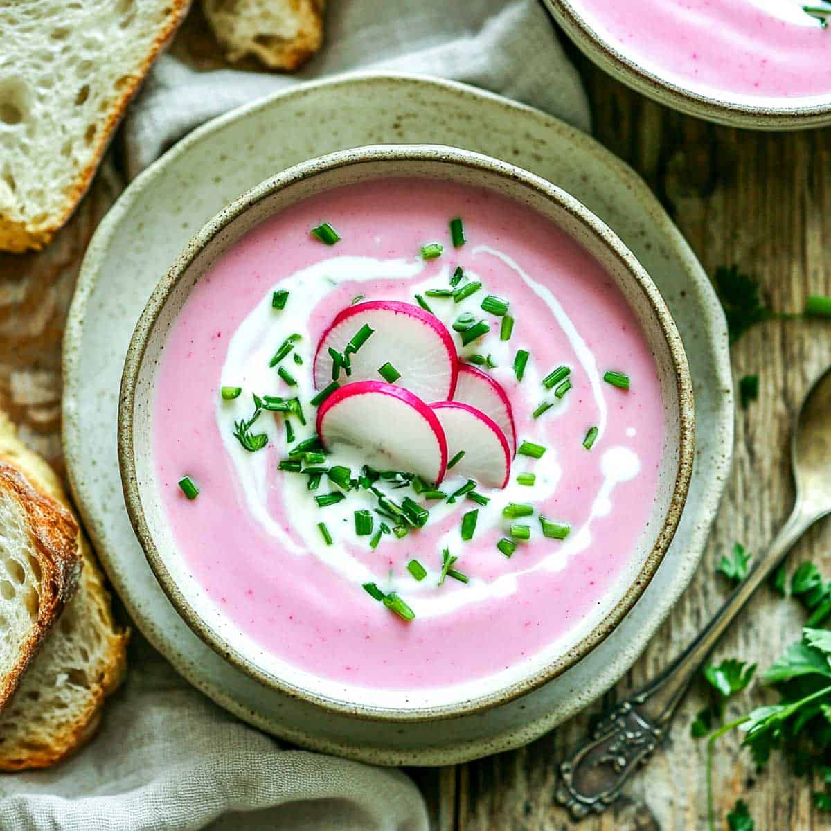 Radish potato soup topped with fresh radish.