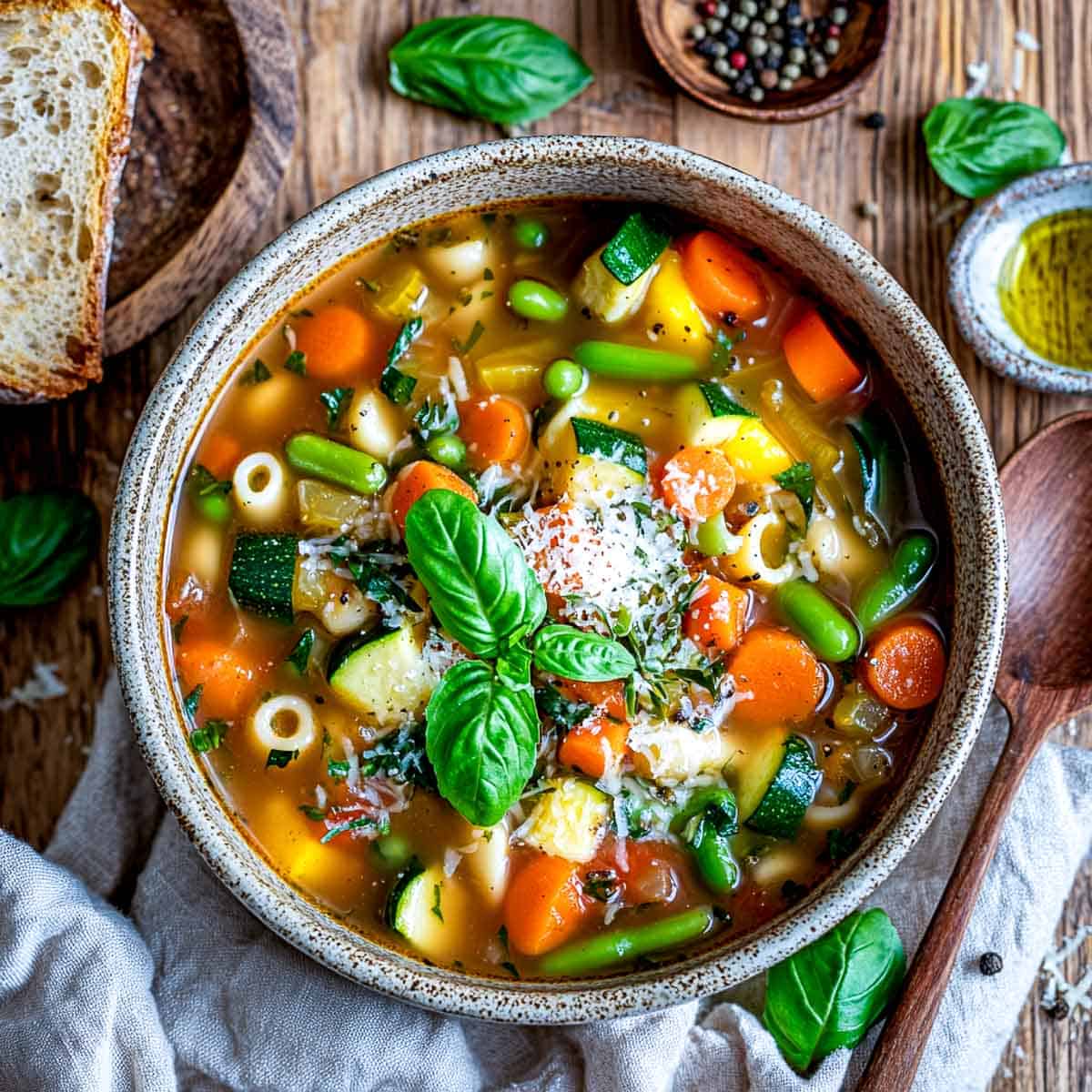 Spring minestrone soup in a bowl served with bread.