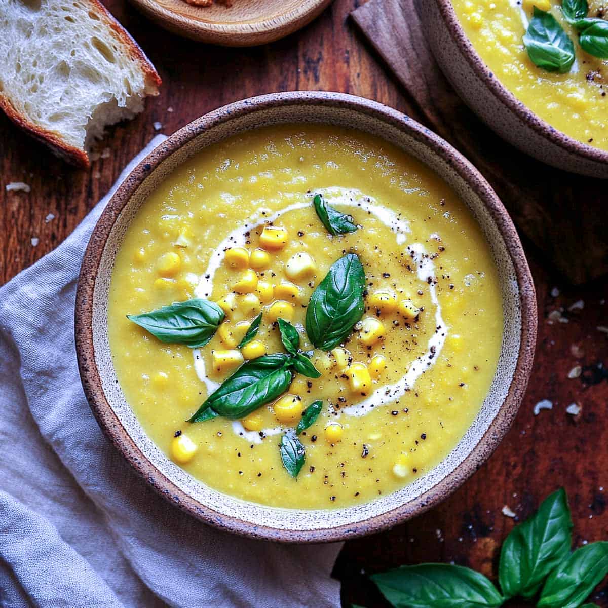Sweet corn soup garnished with basil and served with bread.