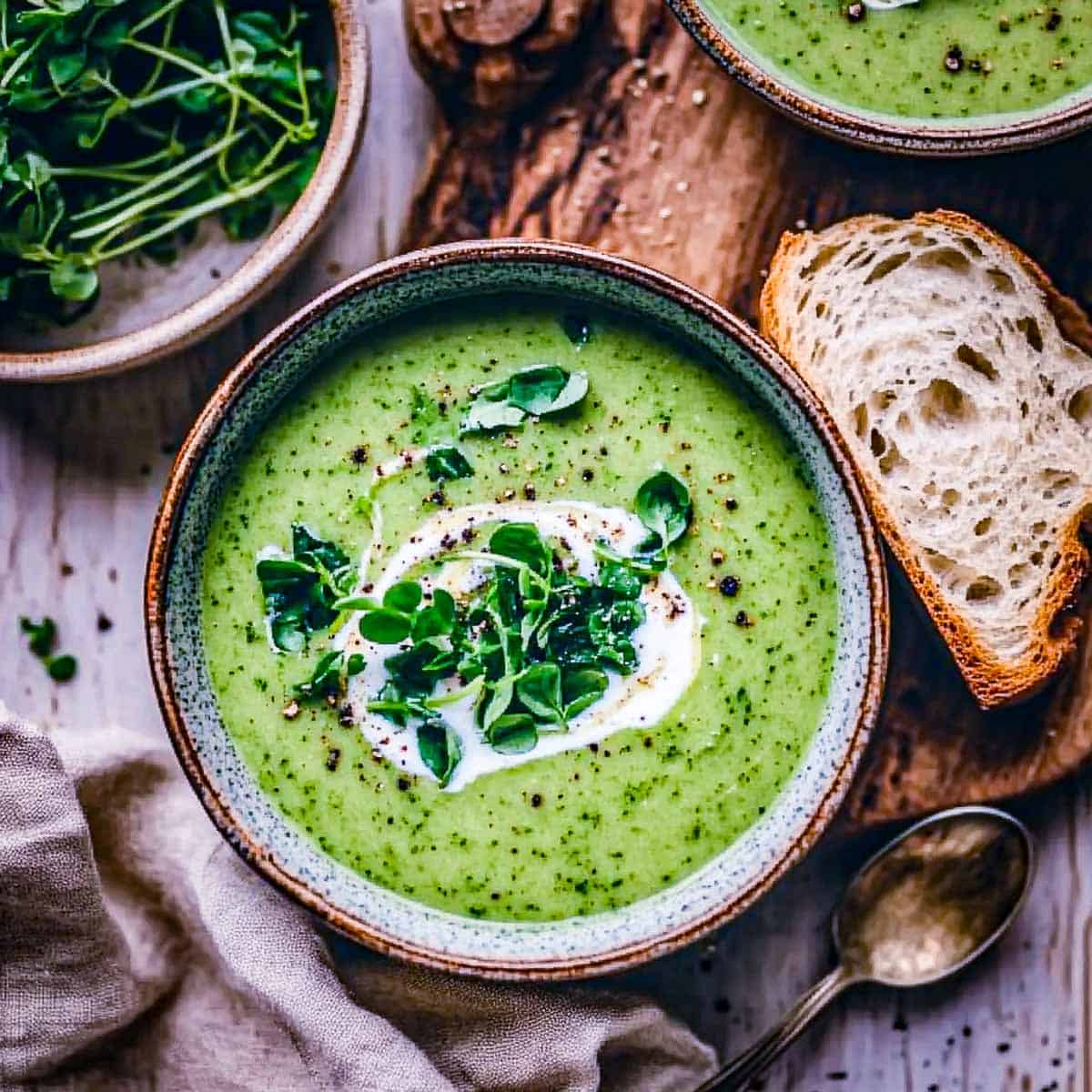 Watercress and potato soup with fresh watercress in the background.