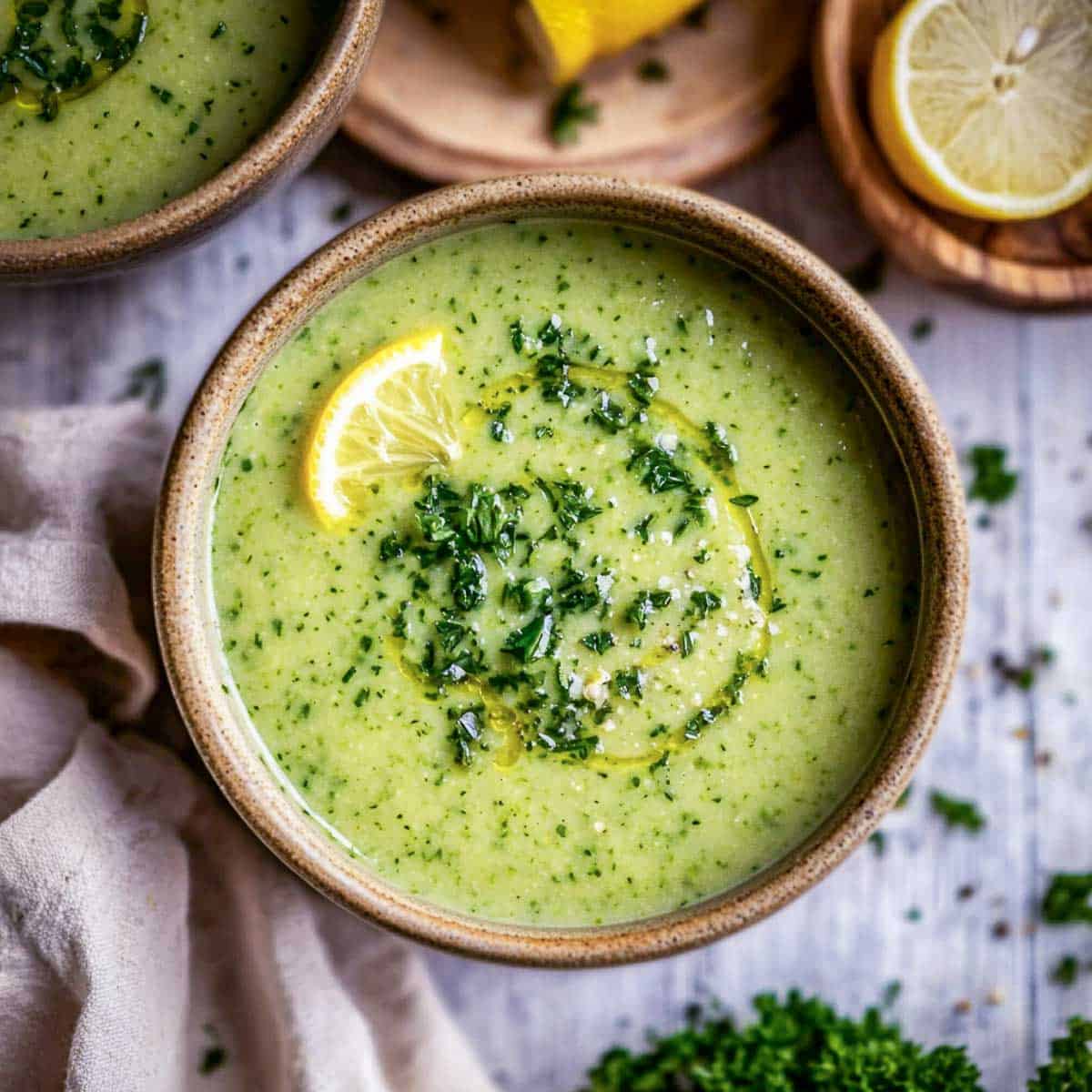 Two bowls of zucchini lemon soup on a white surface.