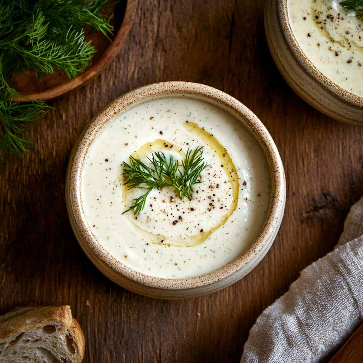 Two bowls of fennel apple soup on a wooden surface.