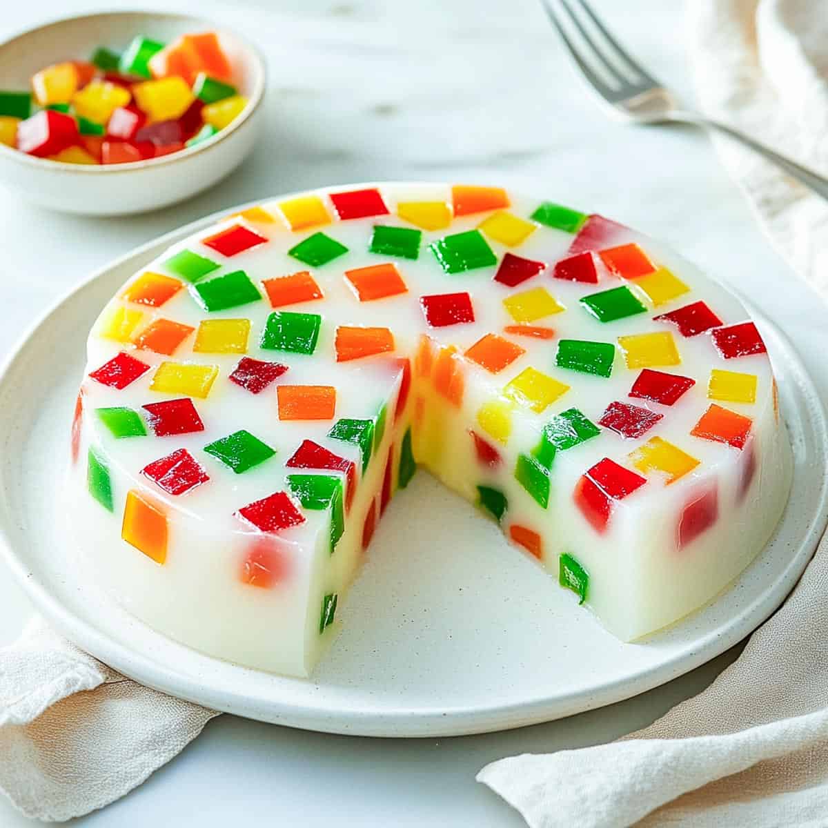 Mexican mosaic gelatine cake on a white plate.