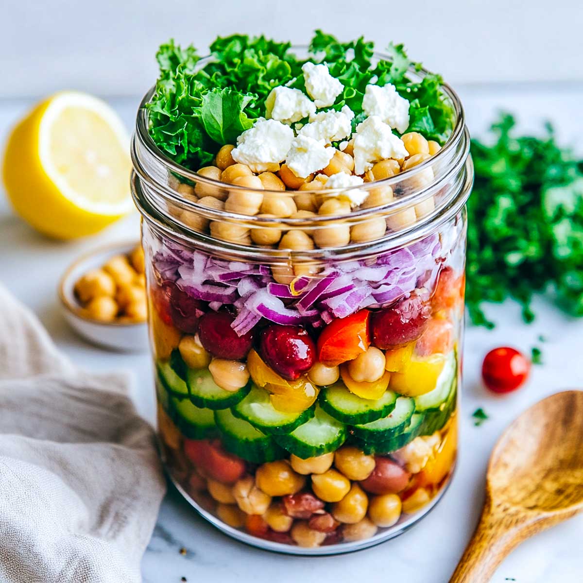 Greek chickpea salad jar on a marble surface.
