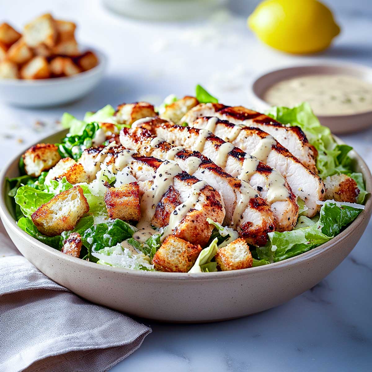 Grilled chicken ceasar salad bowl.