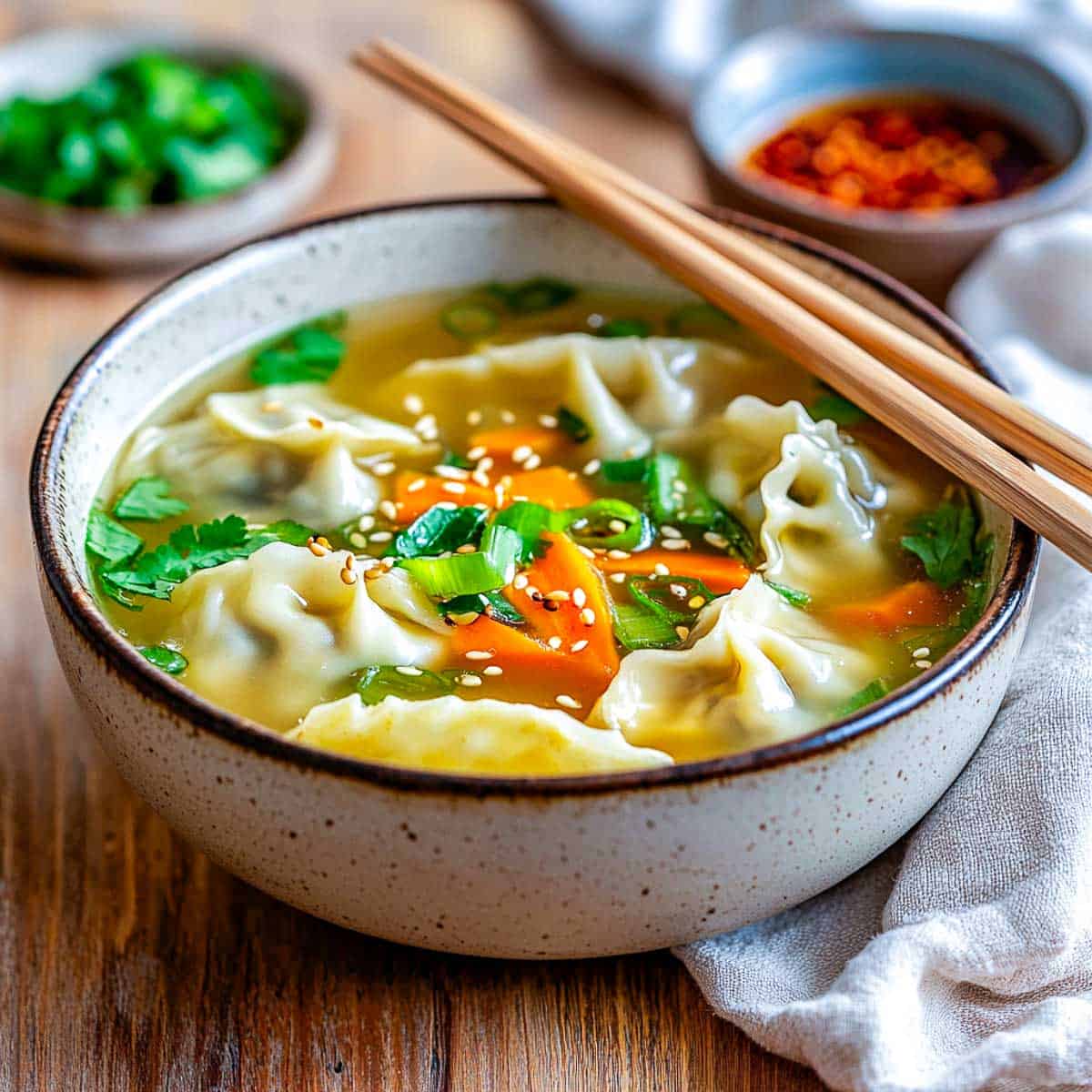 A bowl of gyoza soup with chopsticks.