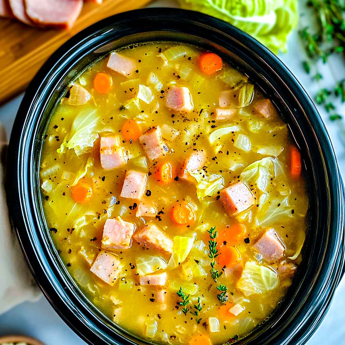 Ham and cabbage soup made in crockpot.