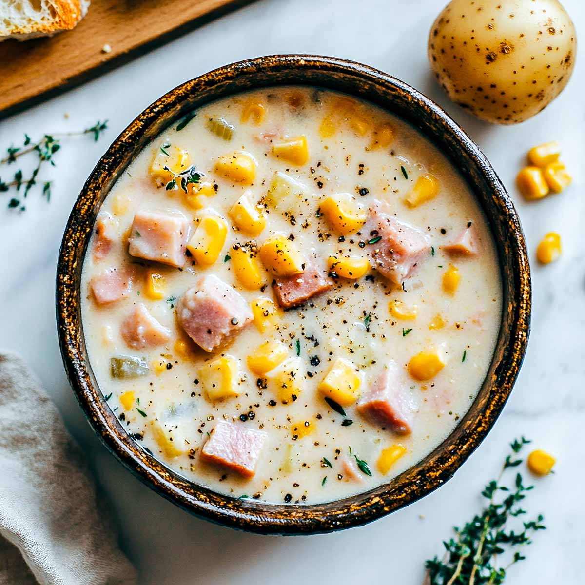 Ham corn chowder bowl on a marble surface.