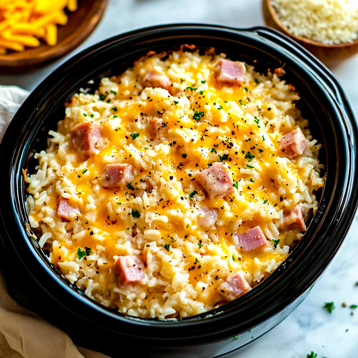 Ham and rice casserole made in a crockpot.