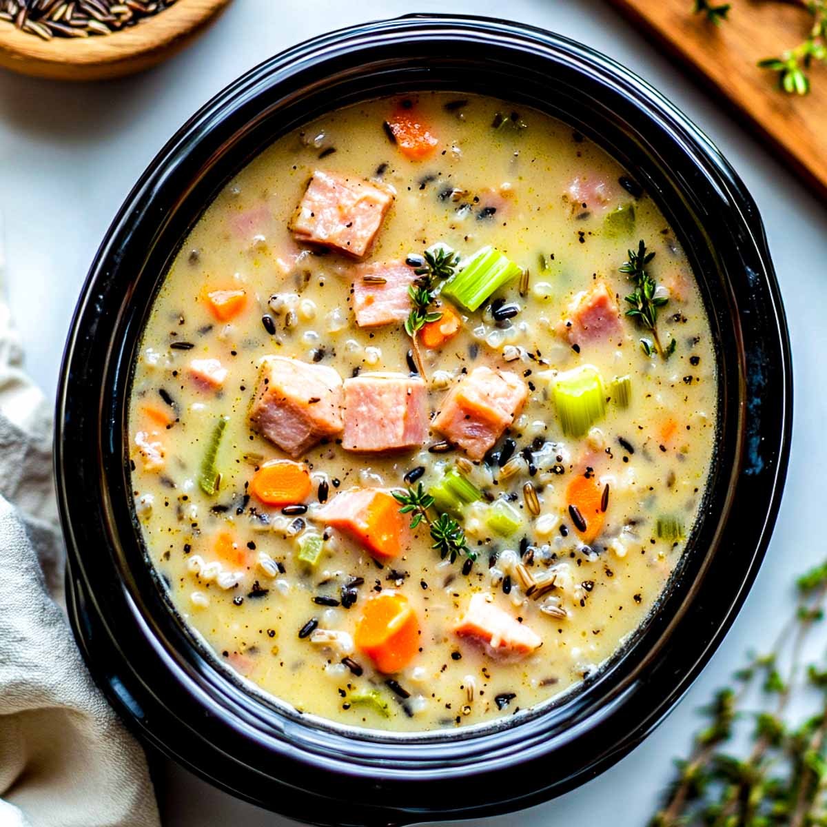 Ham and wild rice soup made in a crockpot.