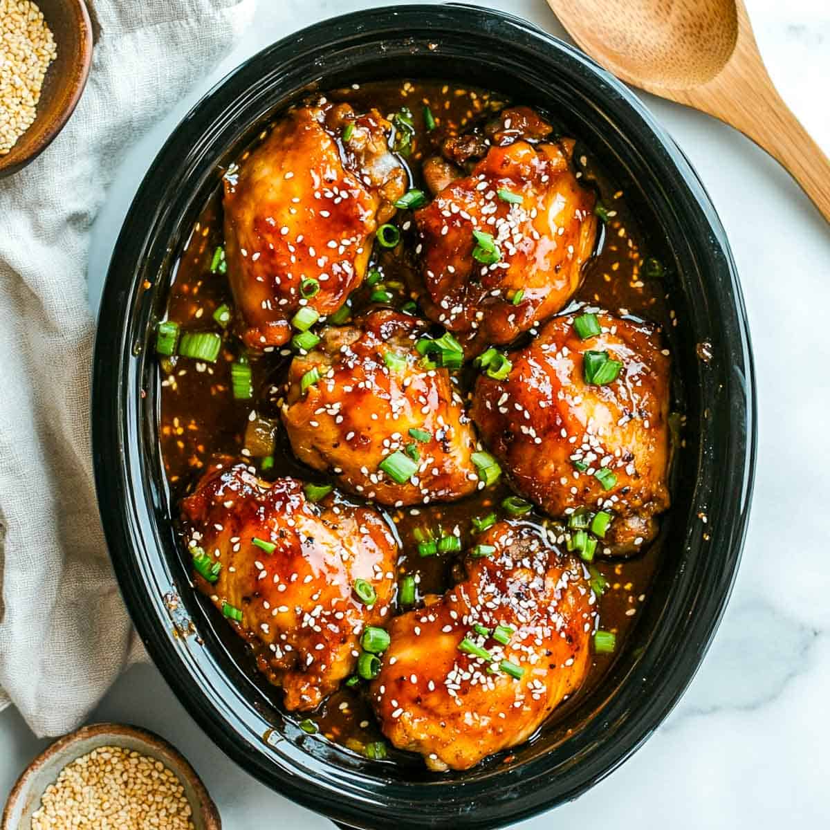 Honey garlic chicken slow cooked in a crockpot.