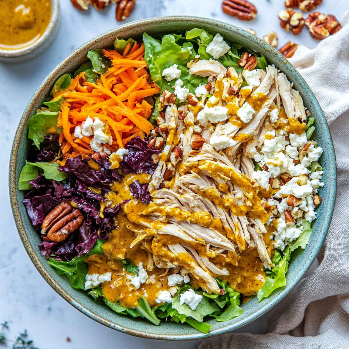 Top view of honey mustard salad in a wide serving bowl.