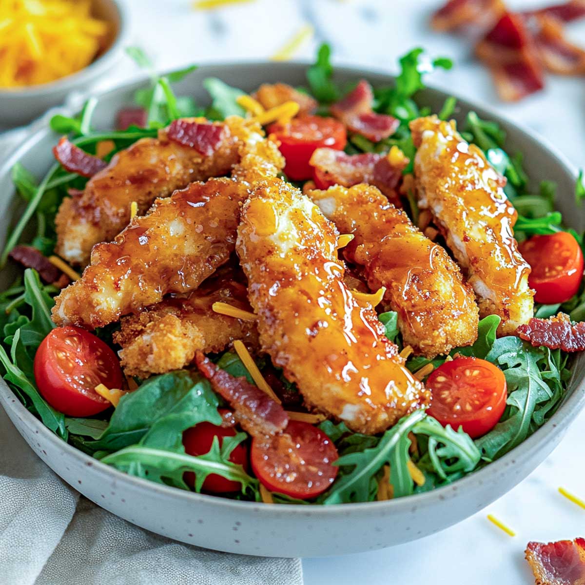 Hot honey tossed chicken in the salad bowl.