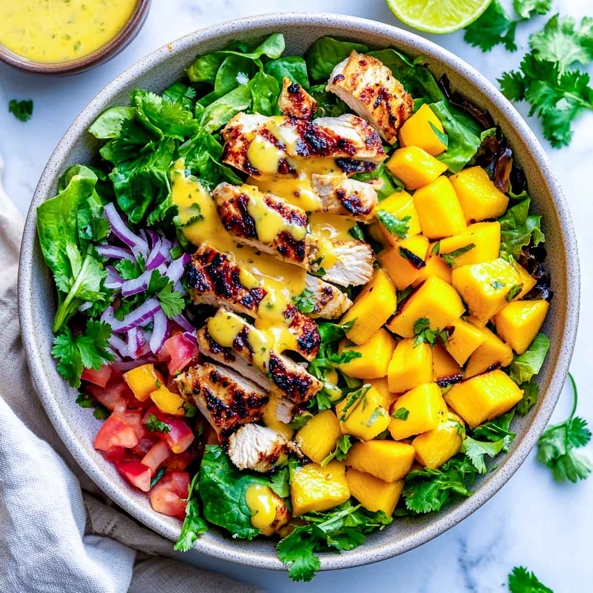 Vibrant mangoes, greens, and tomatoes topped with creamy dressing.