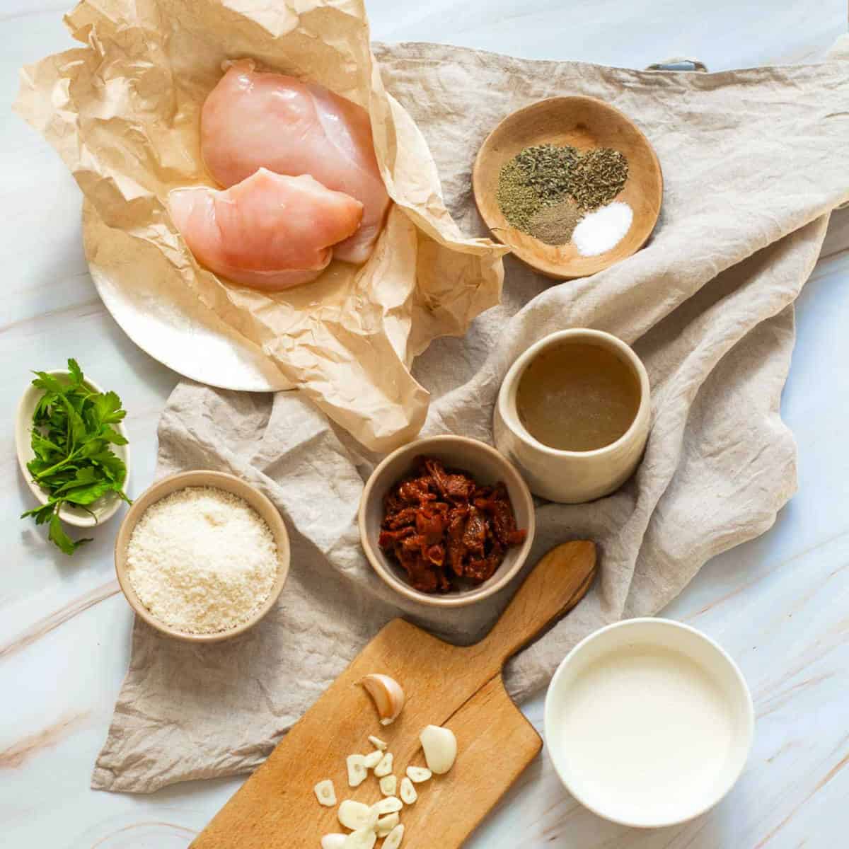 Ingredients placed on a white marble surface.