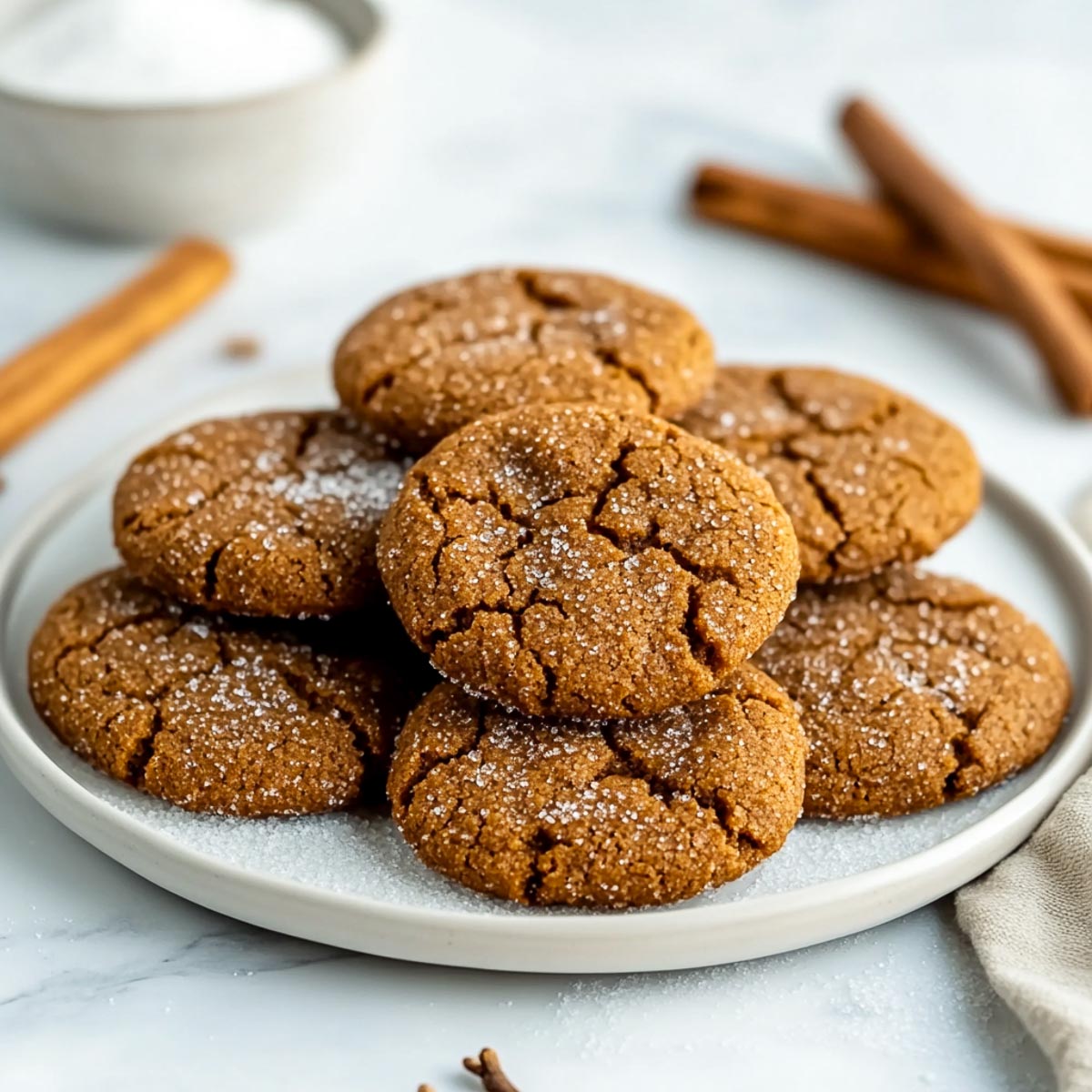 Molassess cookies with cinnamon sticks in the background.