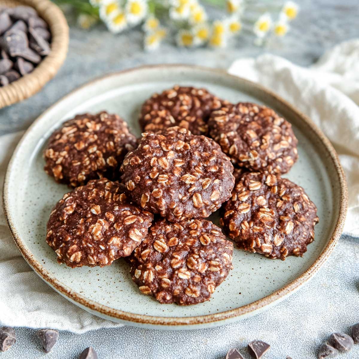 No bake cookies on a plate with spring flowers in the background.