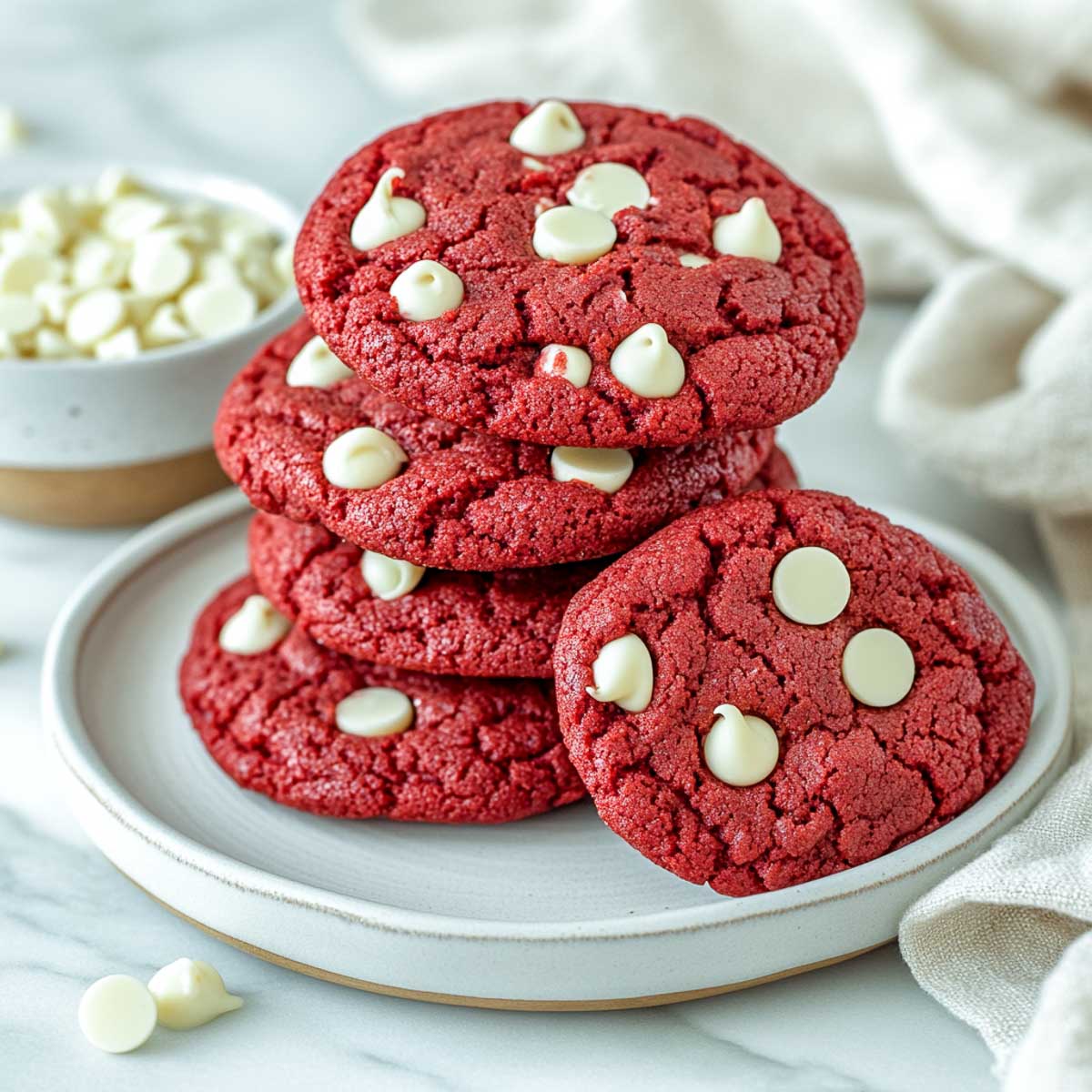 A stack of red velvet cookies studded with white chocolate chips.