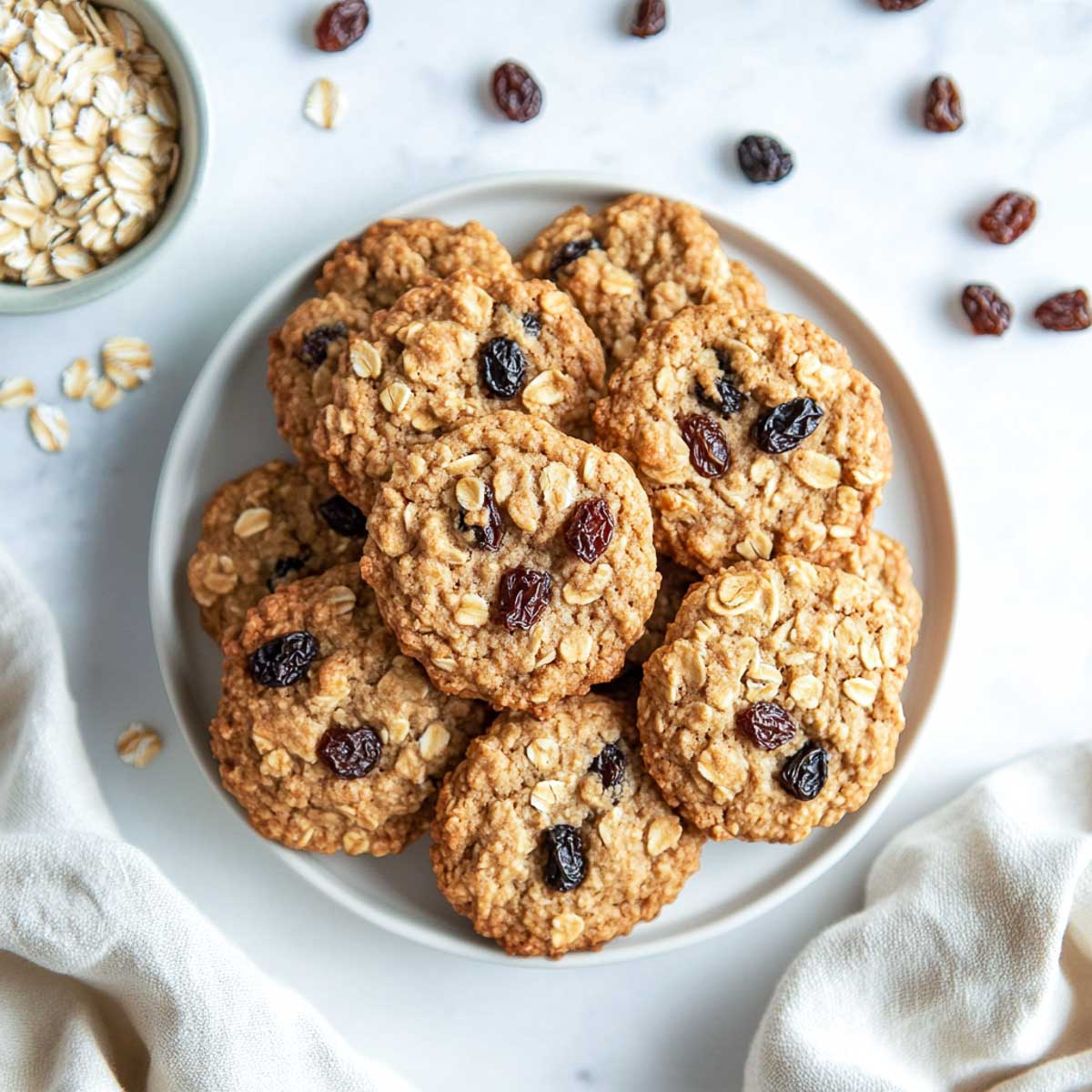 Oatmeal raisin cookies with oatmeal bowl in the background.