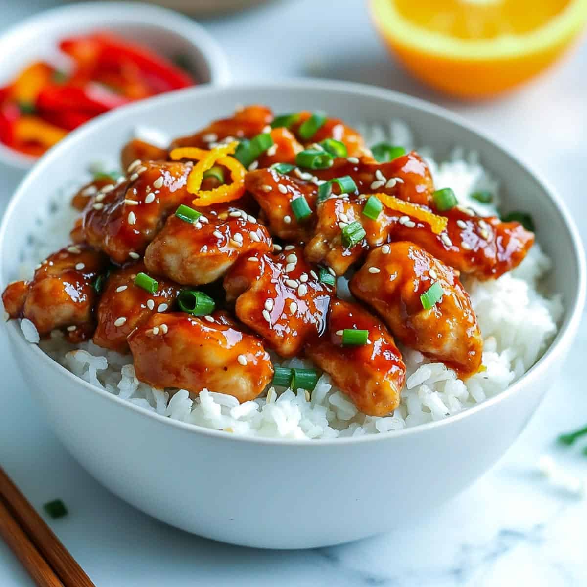 Orange chicken served with rice in a bowl and garnished with orange zest.