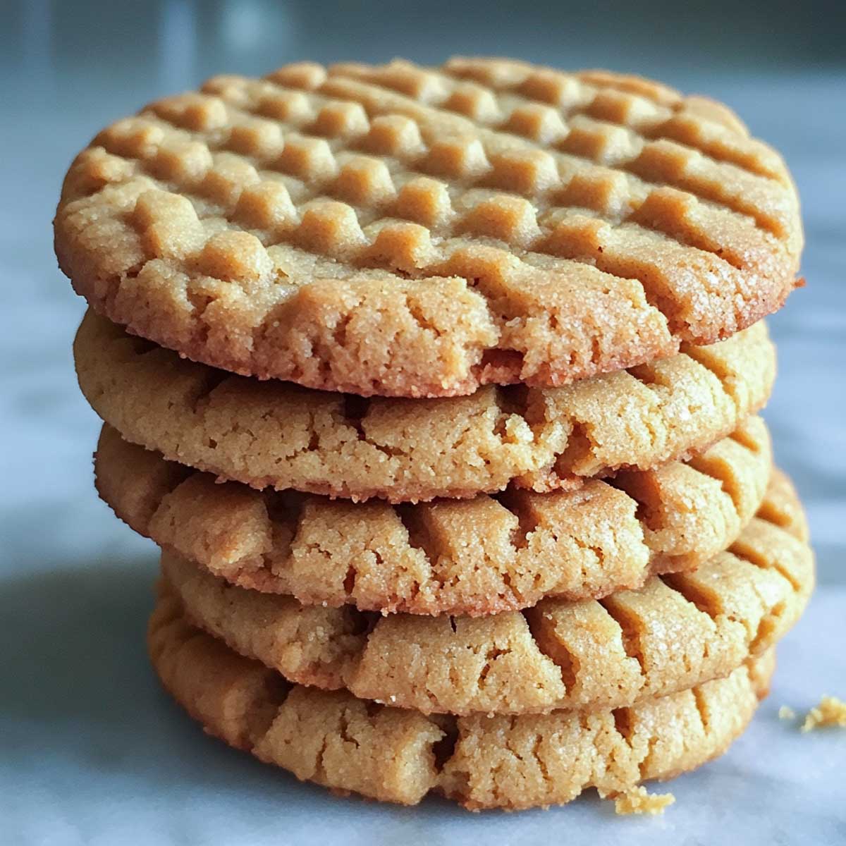 Closeup of a stack of peanut butter cookies.