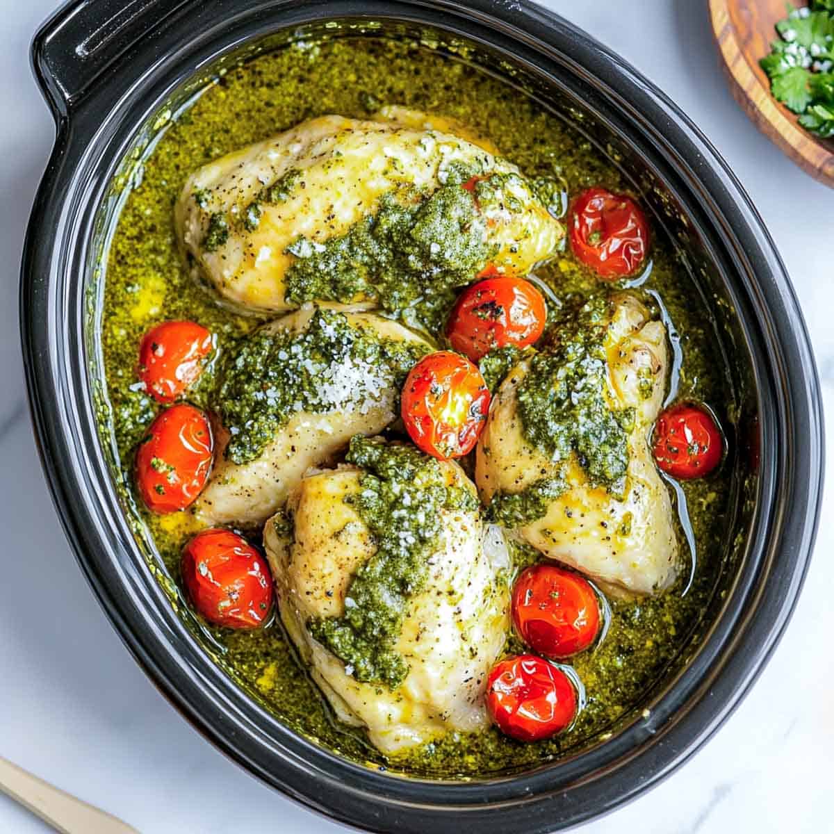 Pesto chicken in crockpot topped with cherry tomatoes.