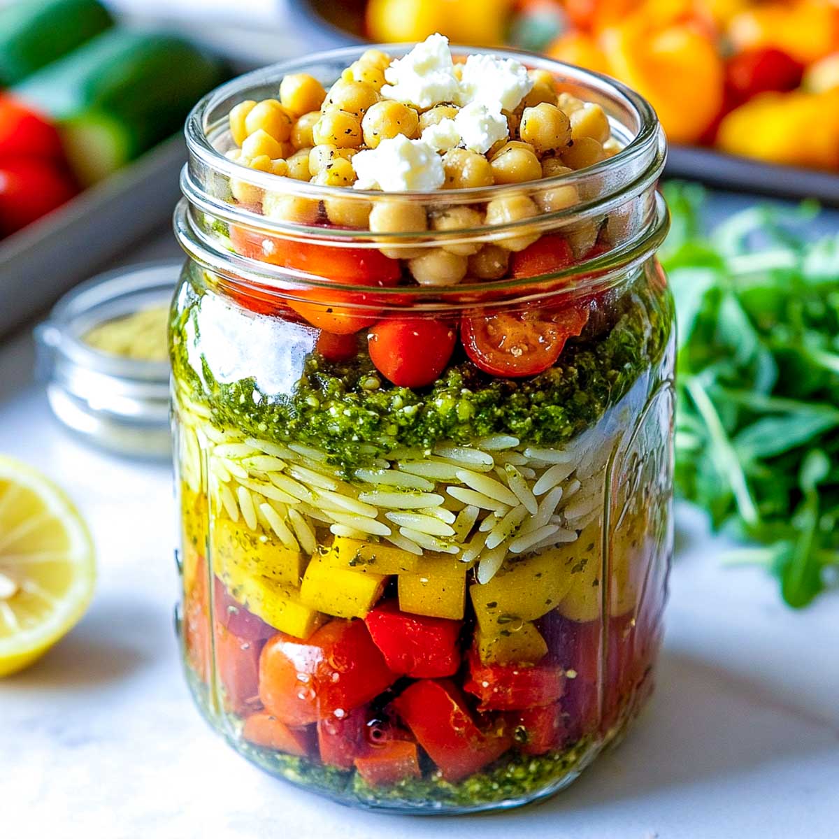 Orzo and pesto with veggies.