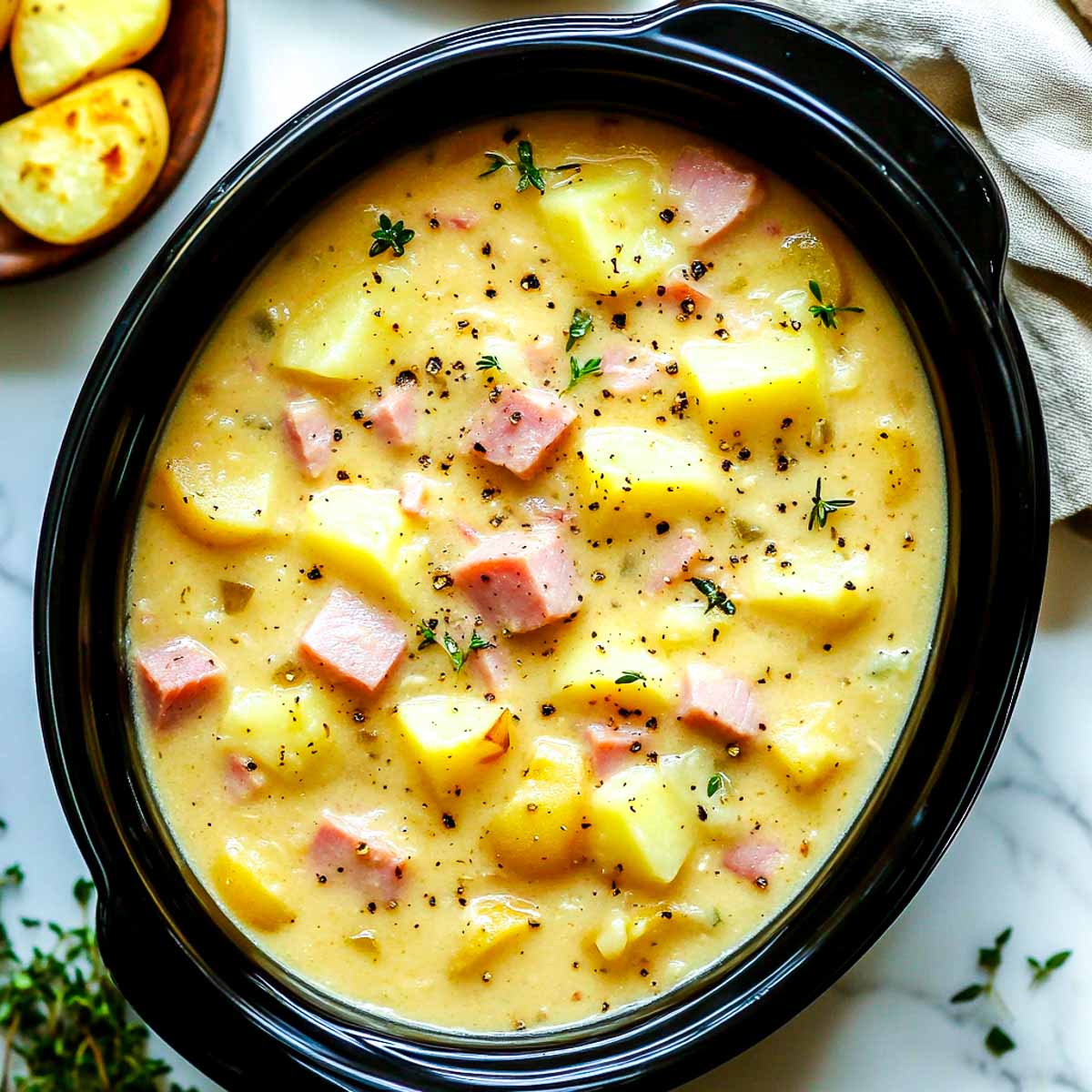 Potato ham soup made in a crockpot.