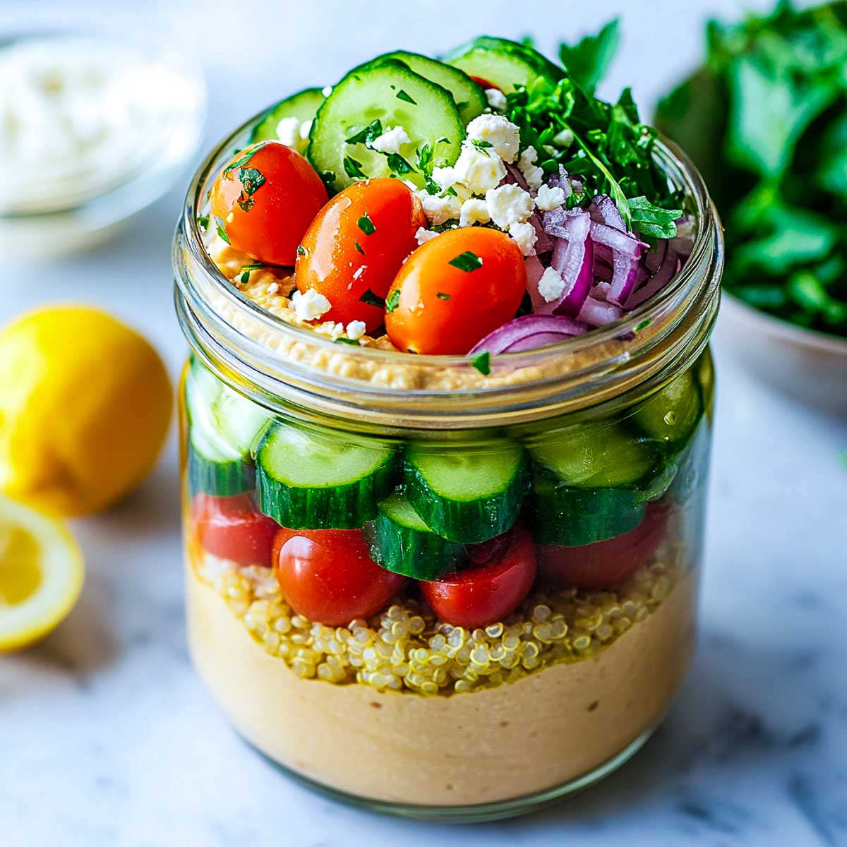 Quinoa and hummus with salad vegetables.