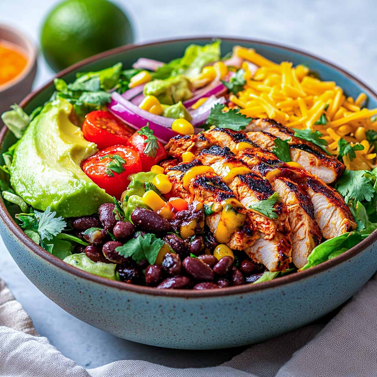 Spicy Southwest style chicken salad in a green bowl.