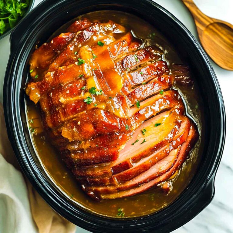 Spiral ham with maple glaze made in crockpot.