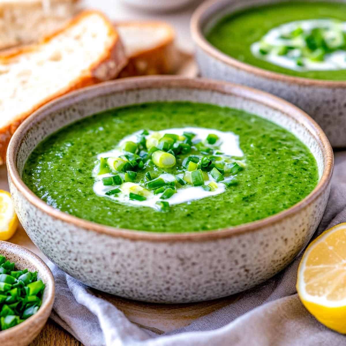 Green spring onion and spinach soup in a serving bowl.