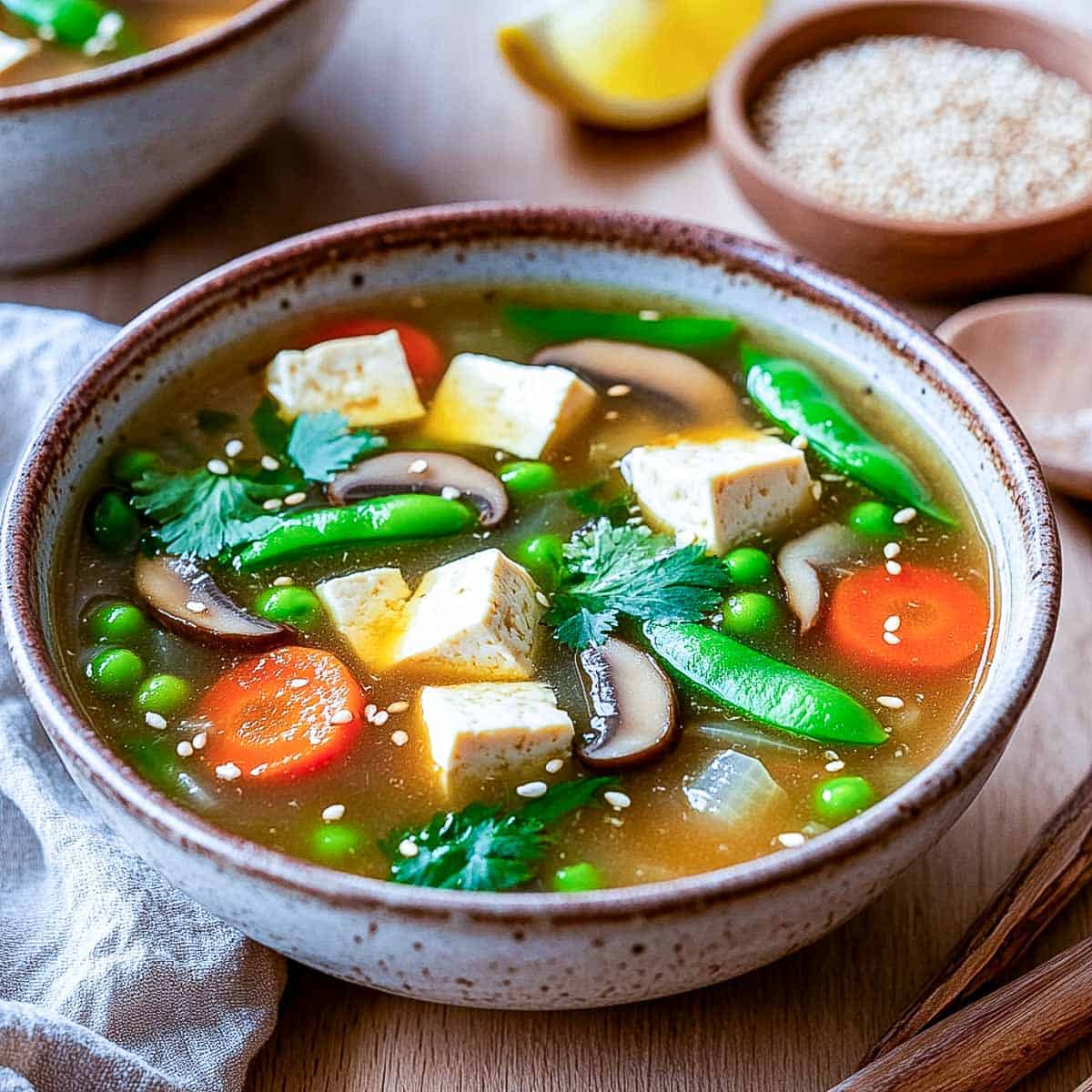 Tofu soup bowl on a wooden surface.