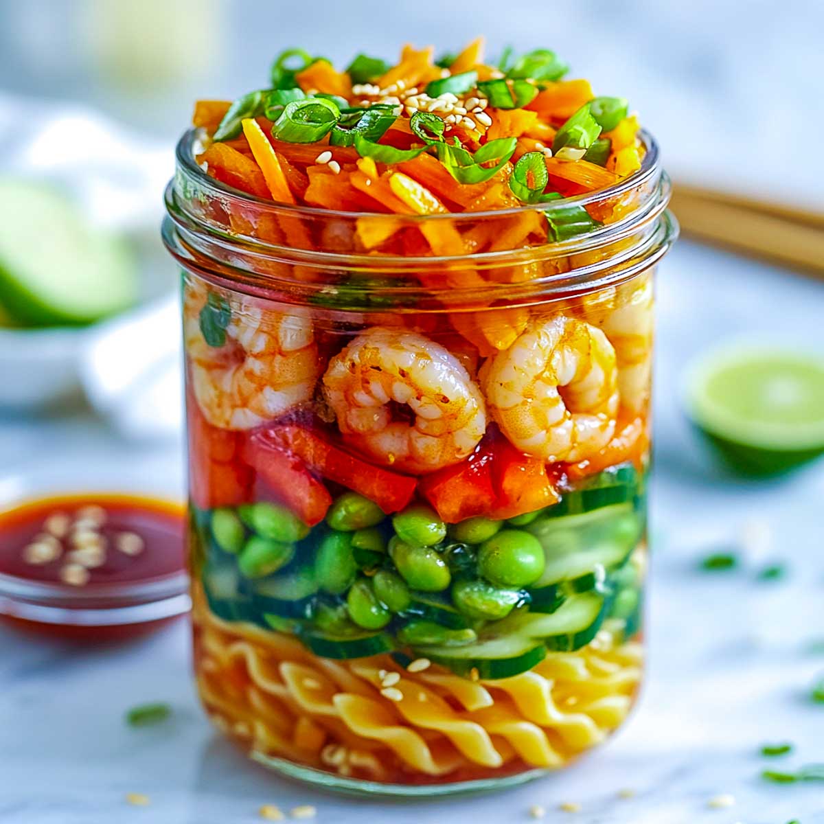 Sweet chili shrimp pasta meal on a white marble surface.