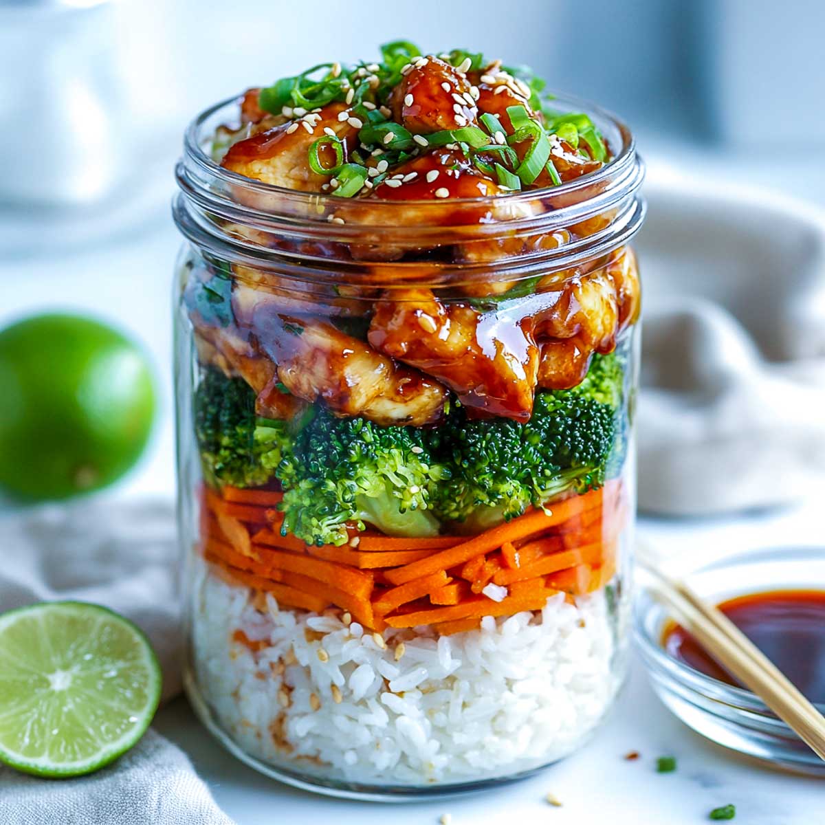 Teriyaki chicken and rice meal in a mason jar.