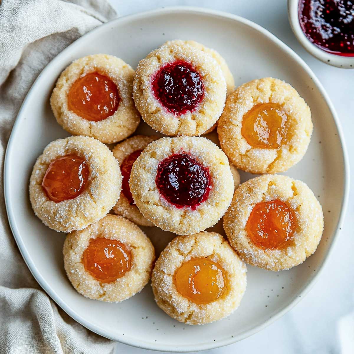 A plate of thumbprint cookies with a bowl of jam in the background.