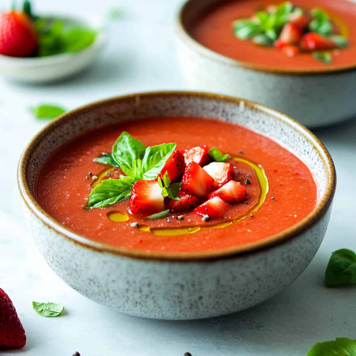 Two bowls of bright red tomato strawberry soup.