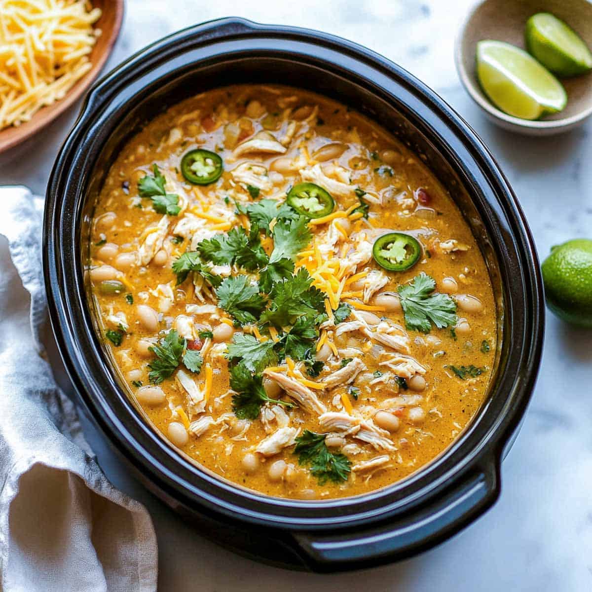 White chicken chili in the crockpot.