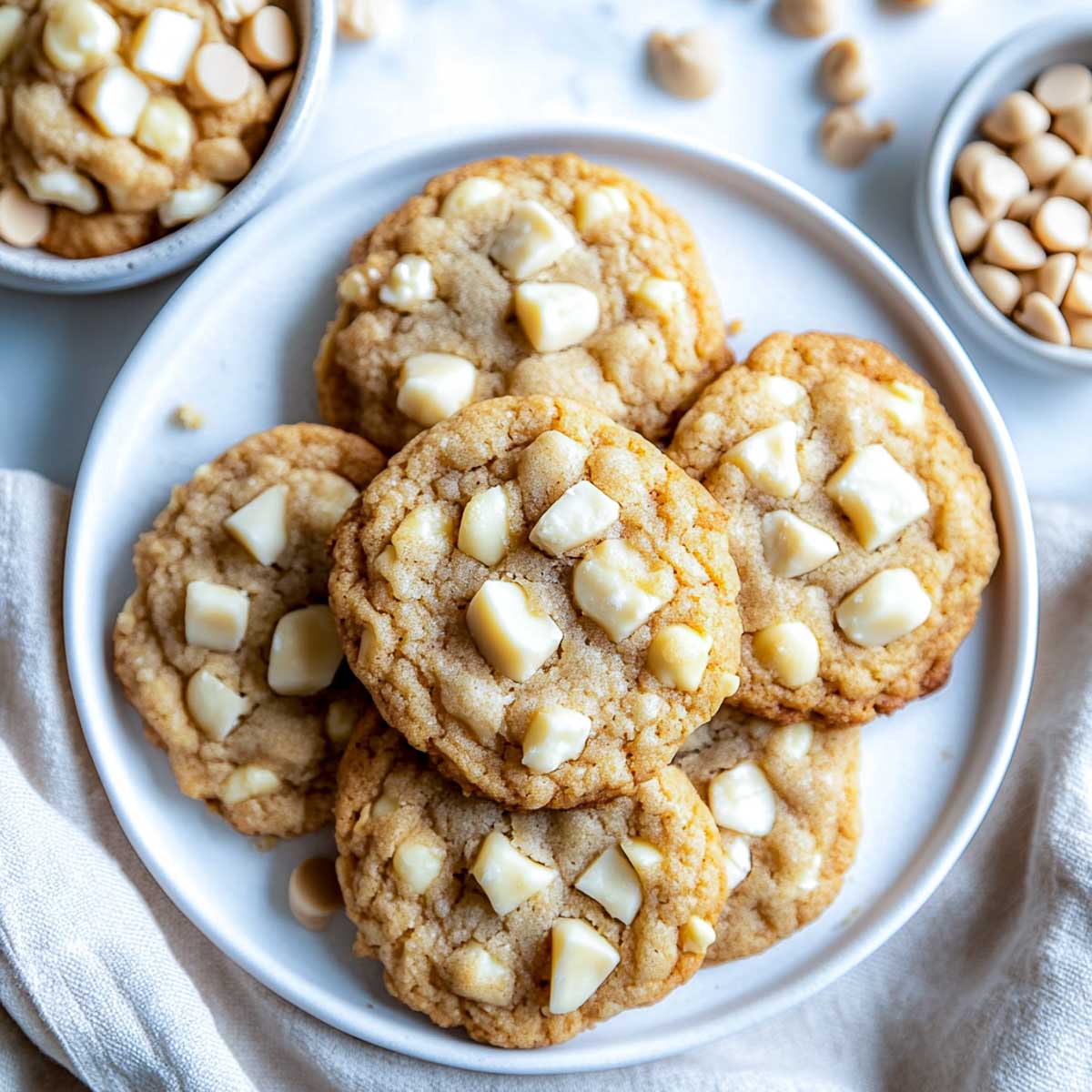 Cookies studded with white chocolate chips and macadamia nuts.