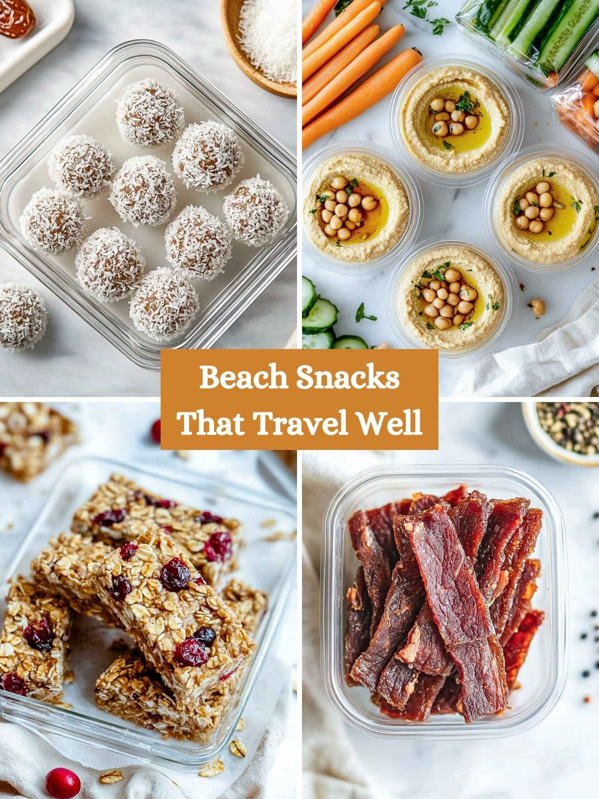 A 4-picture collage of easy to make beach snacks.