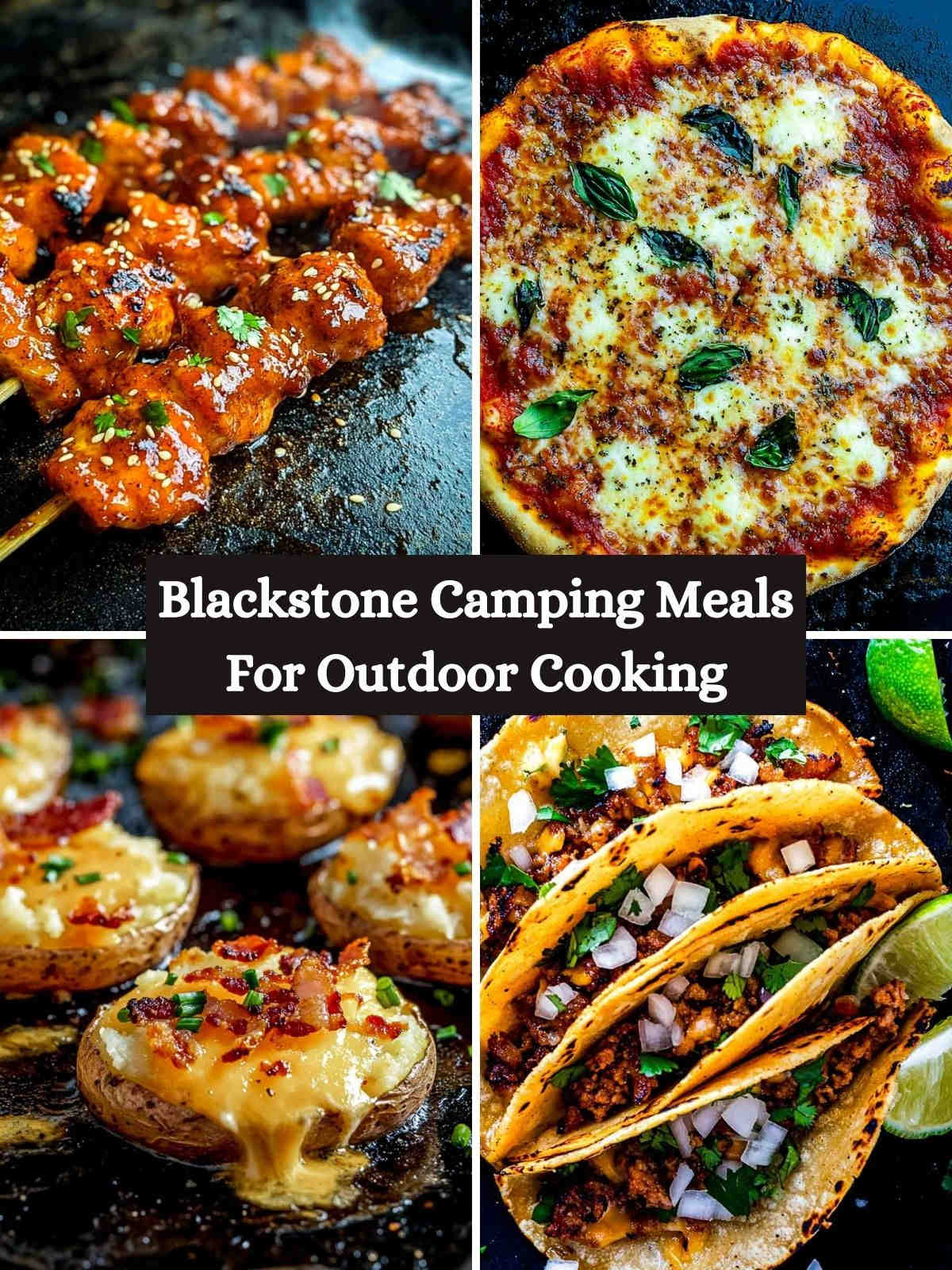 A four-image collage of dishes made on Blackstone.