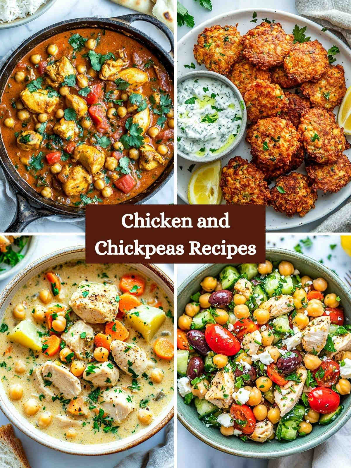 A four-picture collage of chicken and chickpea recipes.