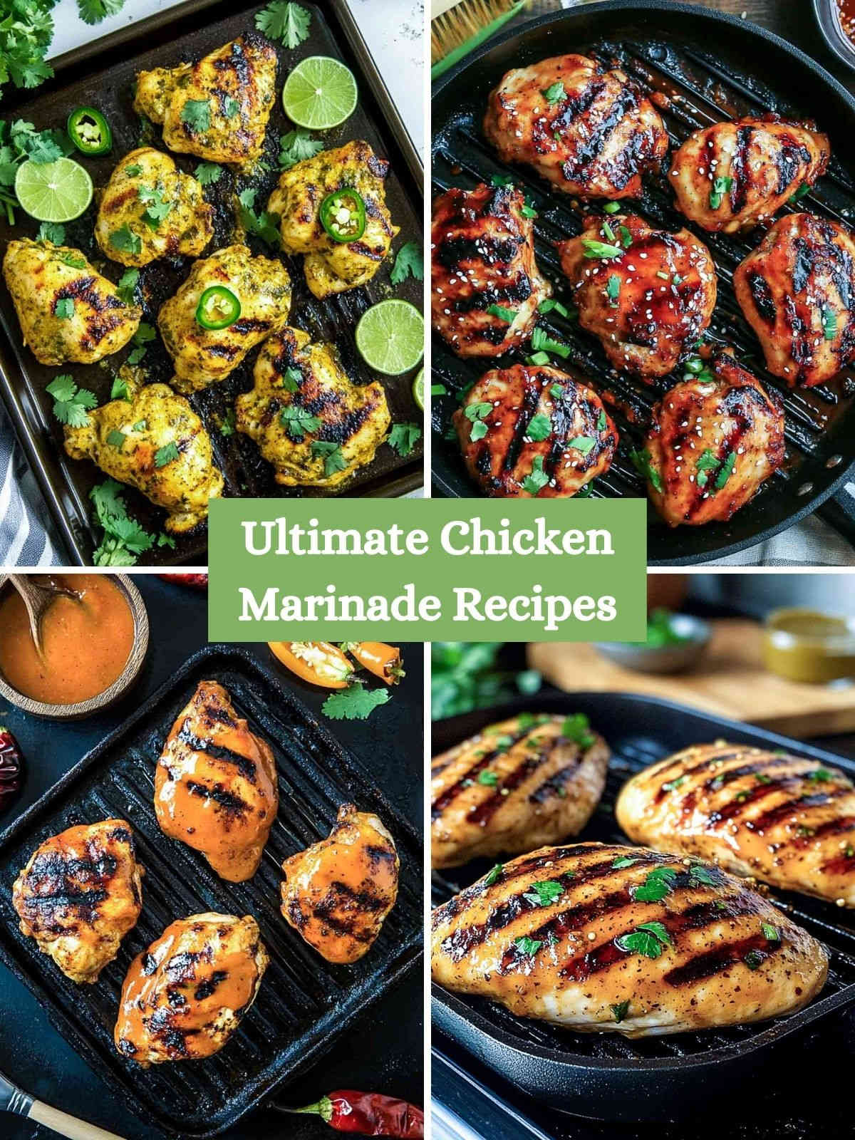 A four-picture collage of grilled chicken using various types of marinades.