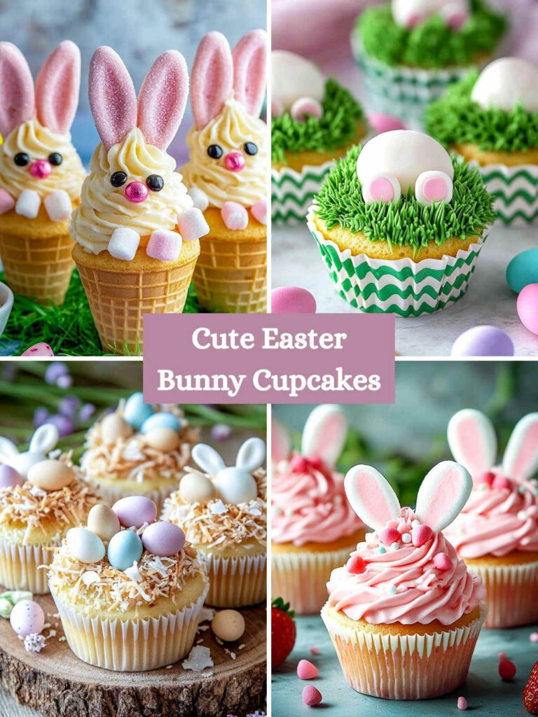 A 4-picture collage of easter bunny cupcakes.