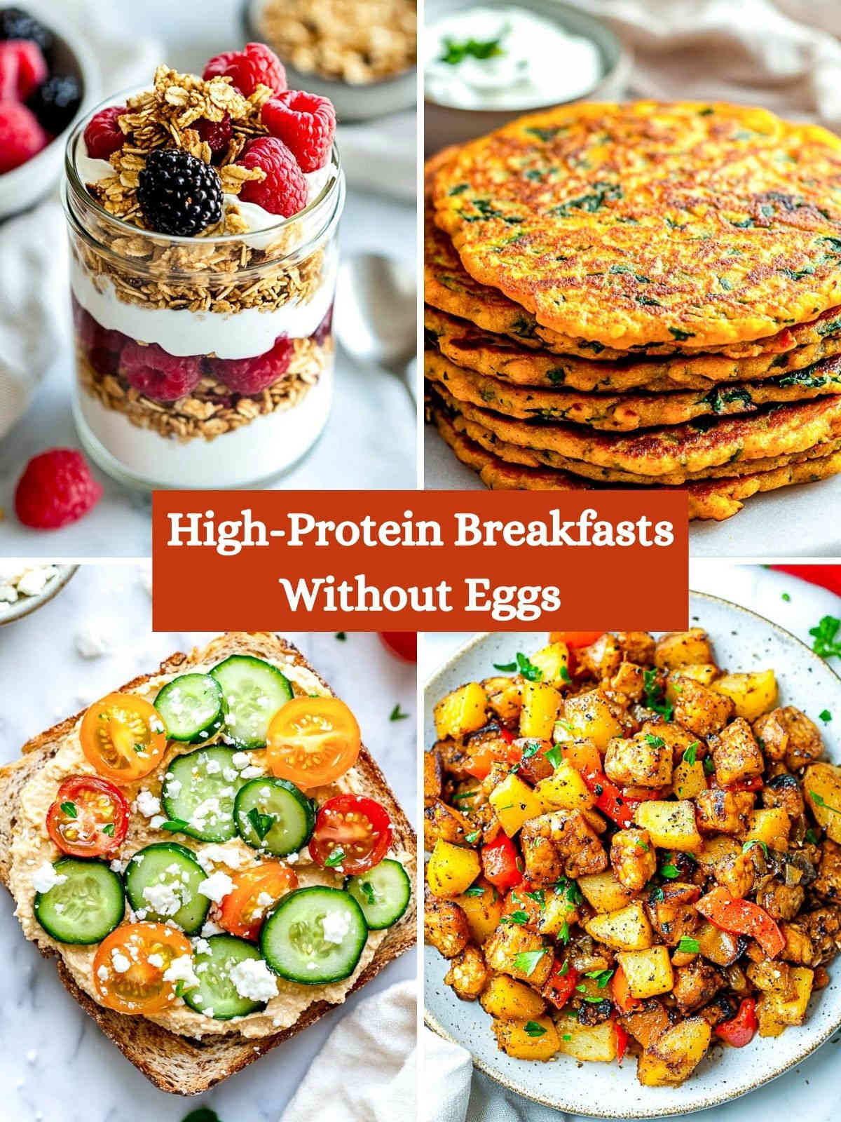 A four-picture collage of high protein breakfast recipes without eggs.