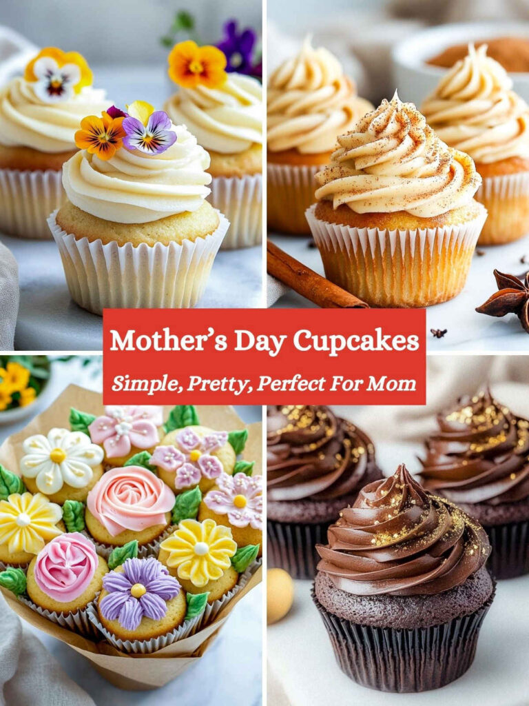 A four-picture collage of Mother's Day cupcakes.