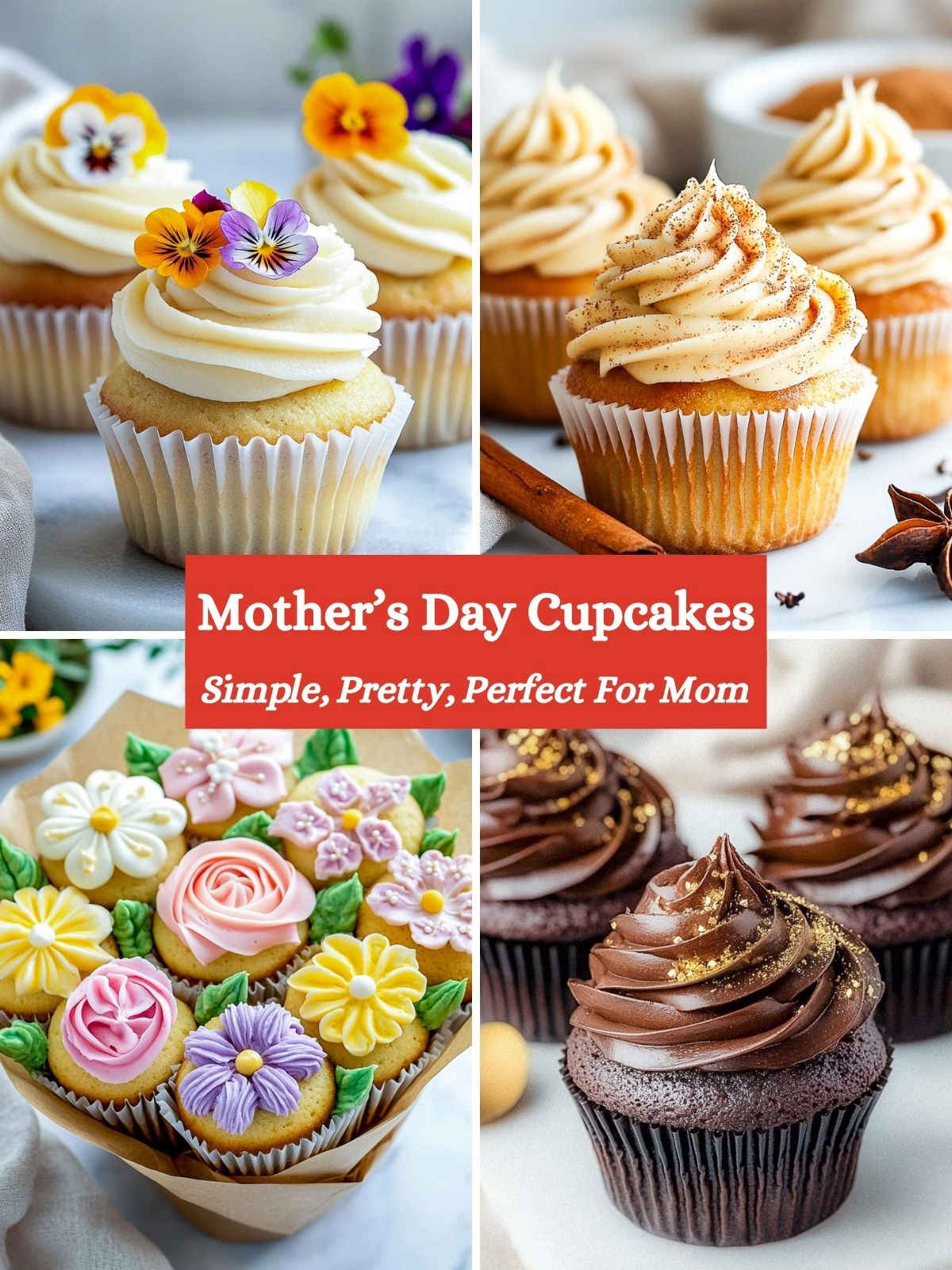 A four-picture collage of Mother's Day cupcakes.