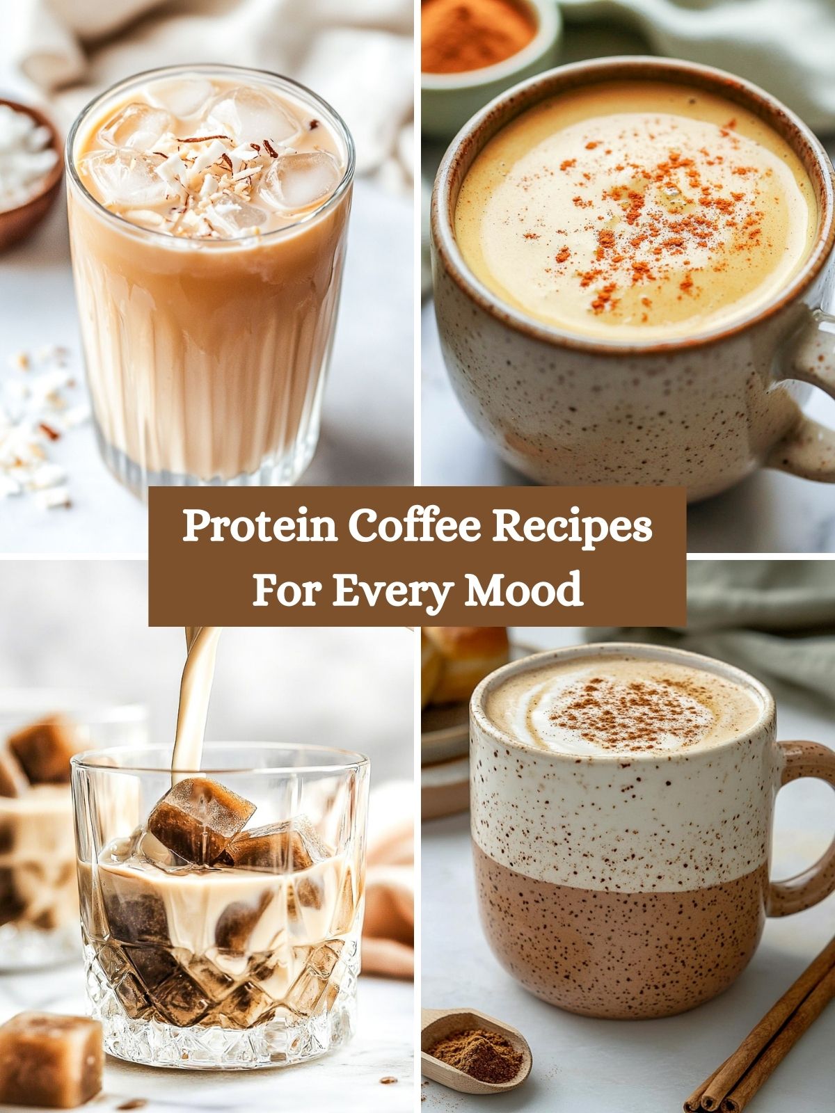A four-picture collage of protein coffees.