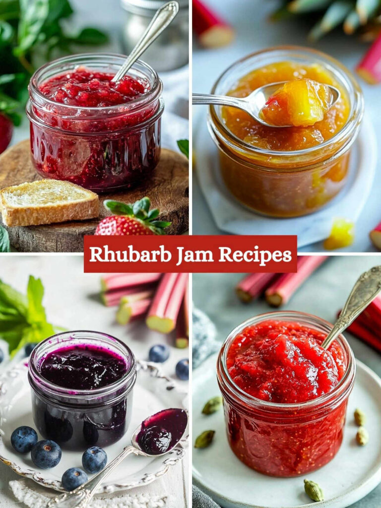 A four picture collage of rhubard jam recipes.