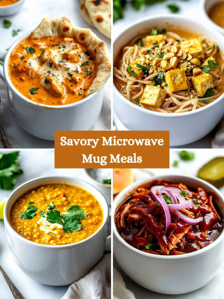 A 4-picture collage of microwave mug meals.